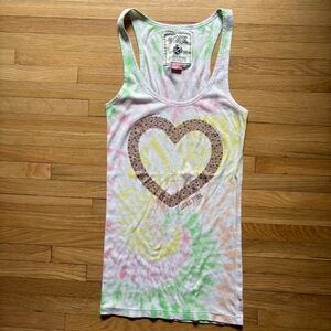 Y2K Victoria Secret PINK VINTAGE Large RIBBED Tie-dye HEART BLING TANK TOP 2000s